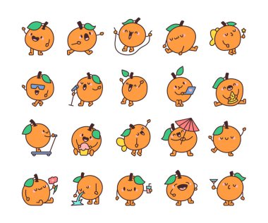 Komik turuncu karakter. Neşeli çizgi film meyveleri. El çizimi stili. Vektör çizimi. Tasarım elementlerinin koleksiyonu.