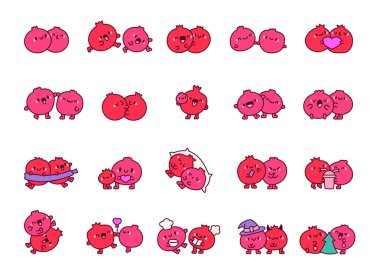 Meyveli çift nar. Çizgi film karakterlerinin komik arkadaşlığı. El çizimi stili. Vektör çizimi. Tasarım elementlerinin koleksiyonu.