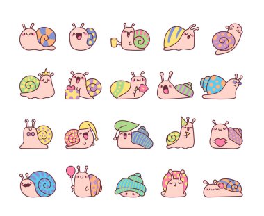 Şirin kawaii salyangozları. Komik karikatür yumuşakçaları. El çizimi stili. Vektör çizimi. Tasarım elementlerinin koleksiyonu.