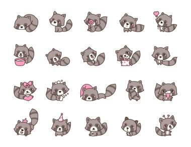 Sevimli küçük rakun. Kawaii hayvan karakteri. El çizimi stili. Vektör çizimi. Tasarım elementlerinin koleksiyonu.