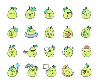 Şirin kawaii guava. Sevimli çizgi film meyvesi. El çizimi stili. Vektör çizimi. Tasarım elementlerinin koleksiyonu.