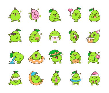 Tatlı guava karakteri. Komik tropikal meyve. El çizimi stili. Vektör çizimi. Tasarım elementlerinin koleksiyonu.
