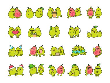 Tropik bir çift guava arkadaşı. Komik meyve arkadaşlığı. Vektör çizimi. Tasarım elementlerinin koleksiyonu.