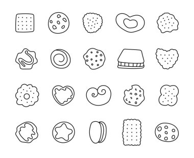 Lezzetli iştah açıcı kurabiyeler. Boyama sayfası. Şekerleme pişirme tatlısı. El çizimi stili. Vektör çizimi. Tasarım elementlerinin koleksiyonu.