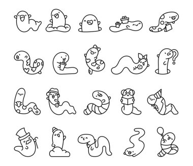 Kawaii solucanı. Boyama sayfası. Komik çizgi film karakteri. El çizimi stili. Vektör çizimi. Tasarım elementlerinin koleksiyonu.