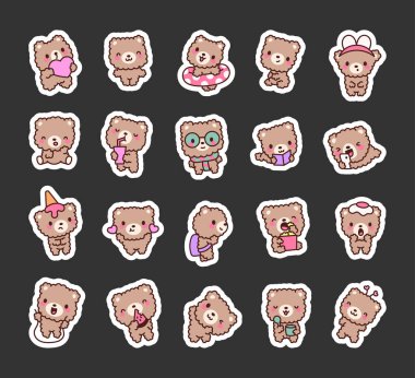 Sevimli oyuncak ayı. Etiket Yer İmi. Çocukluğun sevimli oyuncak karakteri. El çizimi stili. Vektör çizimi. Tasarım elementlerinin koleksiyonu.