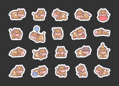 Şirin kawaii ineği. Etiket Yer İmi. Komik bir çiftlik karakteri. El çizimi stili. Vektör çizimi. Tasarım elementlerinin koleksiyonu.