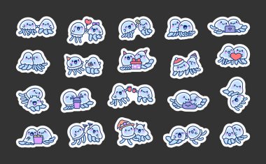 Şirin bir çift denizanası. Etiket Yer İmi. Su altı dünyasının komik çizgi film karakterleri. El çizimi stili. Vektör çizimi. Tasarım elementlerinin koleksiyonu.