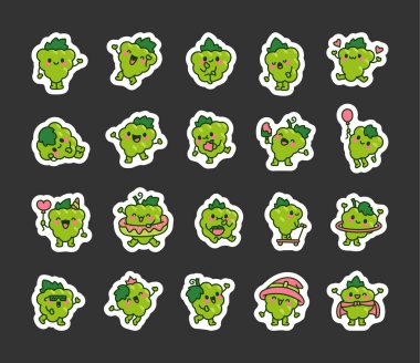 Şirin kawaii demeti üzüm. Etiket Yer İmi. Sevimli yemek karakteri. El çizimi stili. Vektör çizimi. Tasarım elementlerinin koleksiyonu.