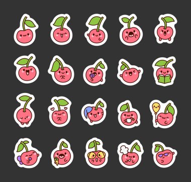 Şirin kawaii kirazı. Etiket Yer İmi. Çekici bir meyve karakteri. El çizimi stili. Vektör çizimi. Tasarım elementlerinin koleksiyonu.