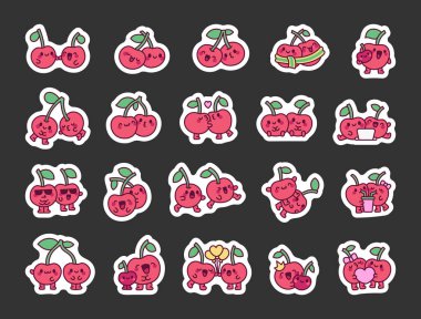 Hoş bir çift kiraz. Etiket Yer İmi. Sevimli karakterlerin arkadaşlığı. El çizimi stili. Vektör çizimi. Tasarım elementlerinin koleksiyonu.