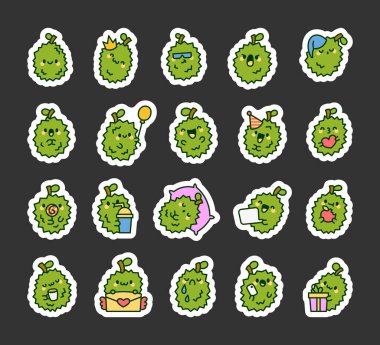 Tatlı Durian karakteri. Etiket Yer İmi. Çekici dikenli meyveler. El çizimi stili. Vektör çizimi. Tasarım elementlerinin koleksiyonu.