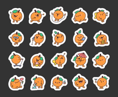 Komik turuncu karakter. Etiket Yer İmi. Neşeli çizgi film meyveleri. El çizimi stili. Vektör çizimi. Tasarım elementlerinin koleksiyonu.