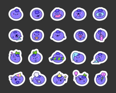 Kawaii sulu yaban mersini. Etiket Yer İmi. Komik yemek karakteri. El çizimi stili. Vektör çizimi. Tasarım elementlerinin koleksiyonu.