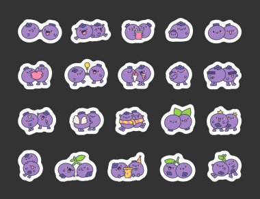 Tatlı bir çift yabanmersini. Etiket Yer İmi. Çizgi film karakteri. El çizimi stili. Vektör çizimi. Tasarım elementlerinin koleksiyonu.