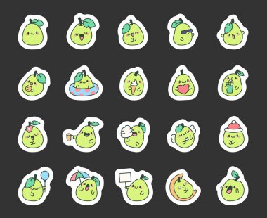 Şirin kawaii guava. Etiket Yer İmi. Sevimli çizgi film meyvesi. El çizimi stili. Vektör çizimi. Tasarım elementlerinin koleksiyonu.