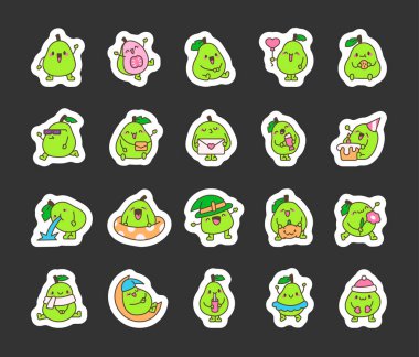 Tatlı guava karakteri. Etiket Yer İmi. Komik tropikal meyve. El çizimi stili. Vektör çizimi. Tasarım elementlerinin koleksiyonu.