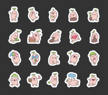 Şirin kawaii tahılları. Etiket Yer İmi. Sevimli çizgi film karakteri. Vektör çizimi. Tasarım elementlerinin koleksiyonu.