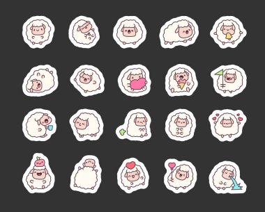 Şirin kawaii koyunu. Etiket Yer İmi. Komik bir çiftlik karakteri. El çizimi stili. Vektör çizimi. Tasarım elementlerinin koleksiyonu.