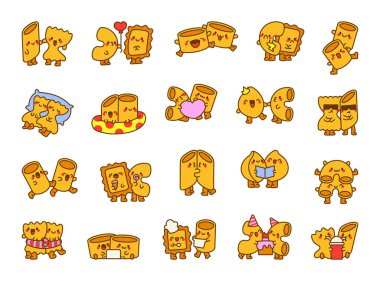 Güzel bir çift makarna. Sevimli makarna ürünü. El çizimi stili. Vektör çizimi. Tasarım elementlerinin koleksiyonu.