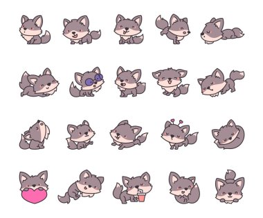 Sevimli kurt karakteri. Vahşi çizgi film hayvanı. Vektör çizimi. Tasarım elementlerinin koleksiyonu.