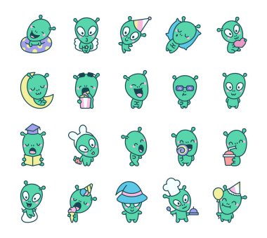 Komik küçük uzaylı bebek. Sıra dışı çizgi film karakteri. Vektör çizimi. Tasarım elementlerinin koleksiyonu.