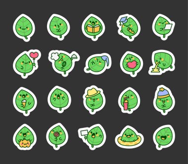 Şirin kawaii yaprağı. Etiket Yer İmi. Arkadaş canlısı çizgi film karakteri. El çizimi stili. Vektör çizimi. Tasarım elementlerinin koleksiyonu.