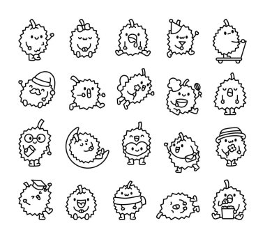 Tatlı Durian karakteri. Boyama sayfası. Çizgi film dikenli meyvesi. El çizimi stili. Vektör çizimi. Tasarım elementlerinin koleksiyonu.