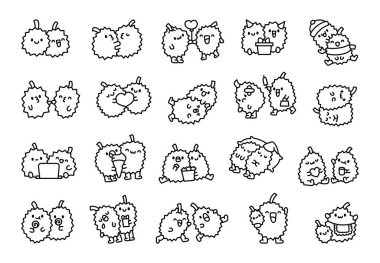 Tatlı Durian çifti. Boyama sayfası. Sevimli karakterler, arkadaşlık. El çizimi stili. Vektör çizimi. Tasarım elementlerinin koleksiyonu.