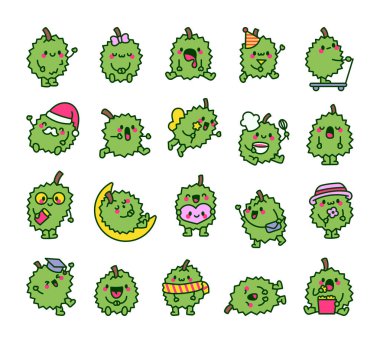 Tatlı Durian karakteri. Çizgi film dikenli meyvesi. El çizimi stili. Vektör çizimi. Tasarım elementlerinin koleksiyonu.