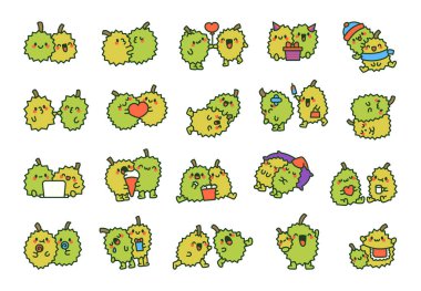 Tatlı Durian çifti. Sevimli karakterler, arkadaşlık. El çizimi stili. Vektör çizimi. Tasarım elementlerinin koleksiyonu.