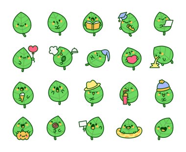 Şirin kawaii yaprağı. Arkadaş canlısı çizgi film karakteri. El çizimi stili. Vektör çizimi. Tasarım elementlerinin koleksiyonu.