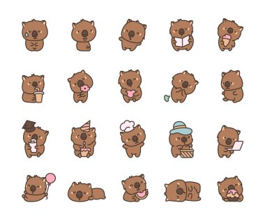 Şirin kawaii wombat. Sevimli otçul hayvan karakteri. Vektör çizimi. Tasarım elementlerinin koleksiyonu.
