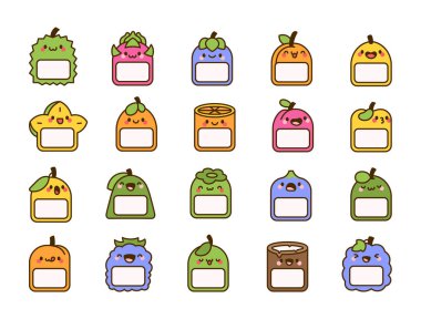 Yazmak için yeri olan meyve etiketi. Boş ürün etiketi. El çizimi stili. Vektör çizimi. Tasarım elementlerinin koleksiyonu.