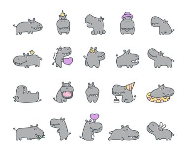 Tatlı su aygırı karakteri. Dost canlısı çizgi film hayvanı. El çizimi stili. Vektör çizimi. Tasarım elementlerinin koleksiyonu.