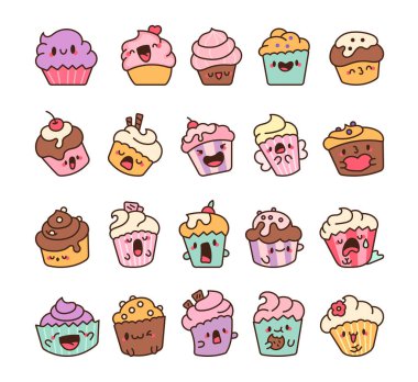 Şirin kawaii keki. Çizgi film lezzetli pişirme. Vektör çizimi. Tasarım elementlerinin koleksiyonu.