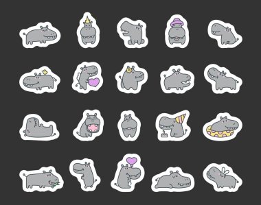 Tatlı su aygırı karakteri. Etiket Yer İmi. Dost canlısı çizgi film hayvanı. El çizimi stili. Vektör çizimi. Tasarım elementlerinin koleksiyonu.