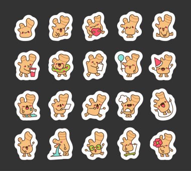 Tatlı zencefil kökü karakteri. Etiket Yer İmi. Arkadaş canlısı çizgi film bitkisi. Vektör çizimi. Tasarım elementlerinin koleksiyonu.