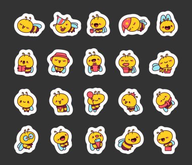 Tatlı yaban arısı karakteri. Etiket Yer İmi. Dost canlısı çizgi film böceği. Vektör çizimi. Tasarım elementlerinin koleksiyonu.