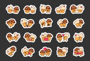 Şirin bir çift kek. Etiket Yer İmi. Çizgi film karakterleri. Vektör çizimi. Tasarım elementlerinin koleksiyonu.