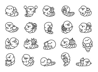 Nesnelerle dolu sevimli kawaii solucanı. Boyama sayfası. Komik çizgi film karakteri. El çizimi stili. Vektör çizimi. Tasarım elementlerinin koleksiyonu.