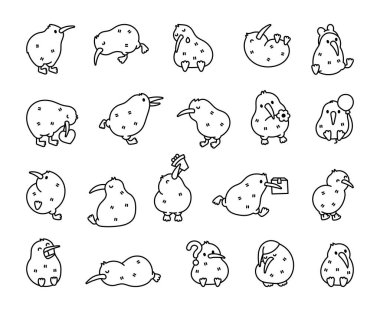 Tatlı kivi kuşu. Boyama sayfası. Arkadaş canlısı çizgi film karakteri. El çizimi stili. Vektör çizimi. Tasarım elementlerinin koleksiyonu.