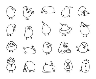 Komik kivi kuşu. Boyama sayfası. Arkadaş canlısı çizgi film karakteri. El çizimi stili. Vektör çizimi. Tasarım elementlerinin koleksiyonu.