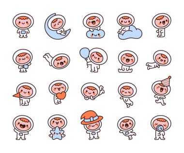 Uzay elbisesi içindeki sevimli astronot çocuk. Çizgi film kahramanı. El çizimi stili. Vektör çizimi. Tasarım elementlerinin koleksiyonu.