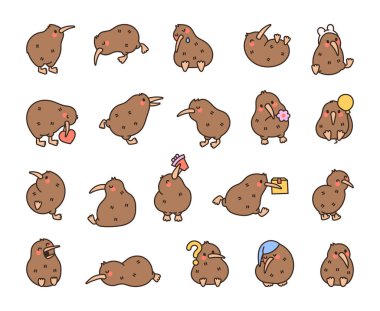 Tatlı kivi kuşu. Arkadaş canlısı çizgi film karakteri. El çizimi stili. Vektör çizimi. Tasarım elementlerinin koleksiyonu.