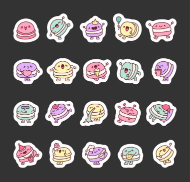 Sevimli makarna karakteri. Etiket Yer İmi. Arkadaş canlısı çizgi film tatlıları. El çizimi stili. Vektör çizimi. Tasarım elementlerinin koleksiyonu.