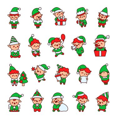 Şirin kawaii çizgi filmi Noel elfleri koleksiyonunu özetliyor. Kış tatili için farklı pozlar ve şenlikli eşyalar.
