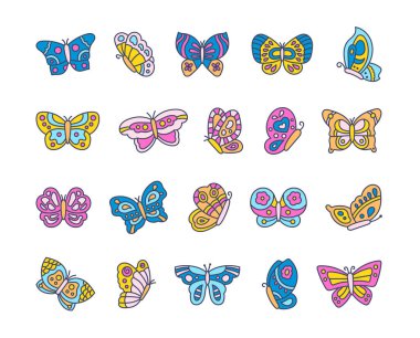 Kanatlı kelebek desenleri. Büyüleyici uçan böcekler. El çizimi stili. Vektör çizimi. Tasarım elementlerinin koleksiyonu.