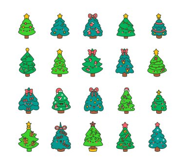 Şirin kawaii yeni yıl ağacı. Tatil dekore edilmiş bir karakter. El çizimi stili. Vektör çizimi. Tasarım elementlerinin koleksiyonu.