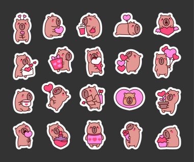 Kalpli şirin bir Capybara. Etiket Yer İmi. Sevgililer Günü 'nü sever. El çizimi stili. Vektör çizimi. Tasarım elementlerinin koleksiyonu.